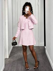 DVSLOE Women Chic Pink Fall Winter 2-Piece Outfit, Long Sleeve Cropped Jacket & Sleeveless A-Line Mini Dress Tweed Set For Going Out, Dating - Pink - View 4