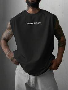 Men's Casual Letter Print Round Neck Dropped Shoulder Tank Top, Versatile For Summer - Black - View 1