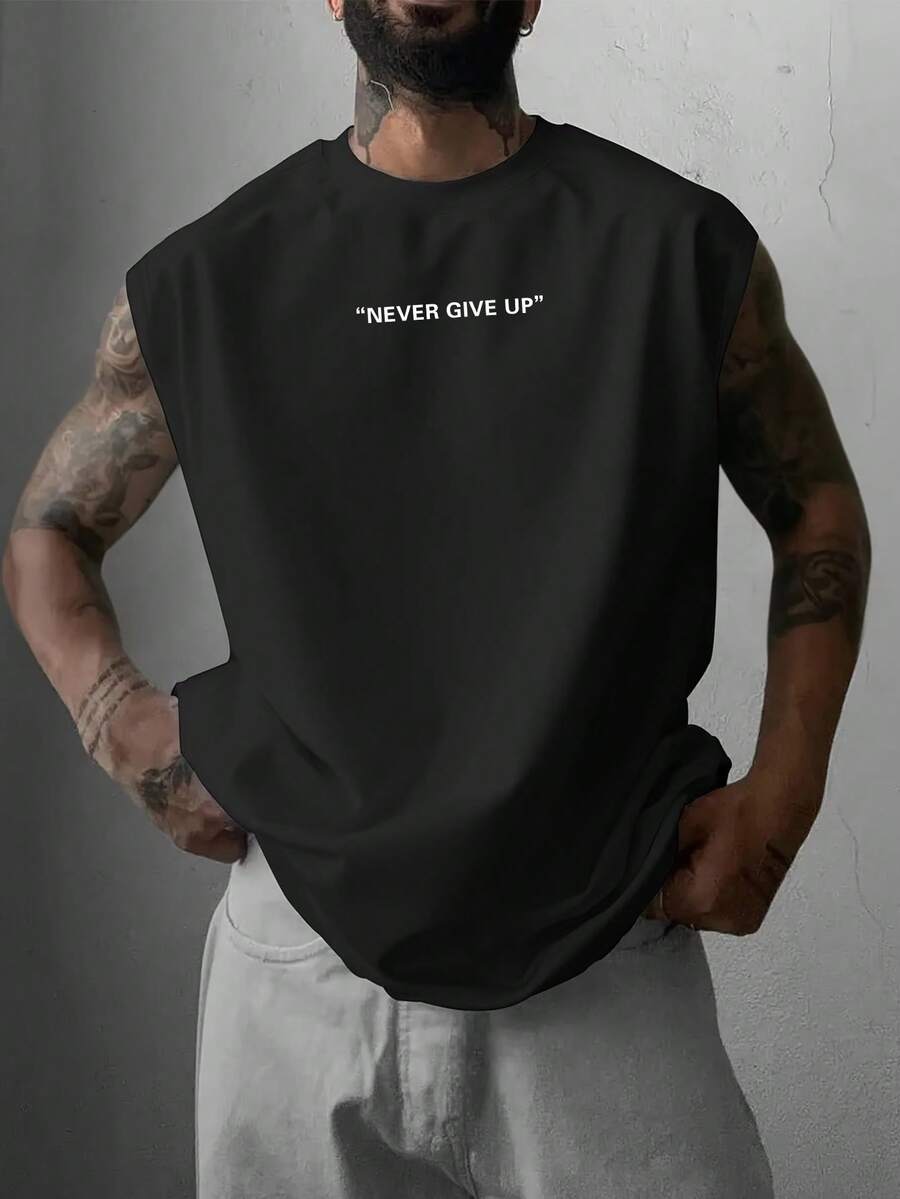 Men's Casual Letter Print Round Neck Dropped Shoulder Tank Top, Versatile For Summer - Black - View 1