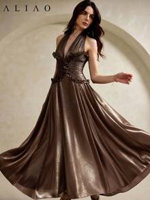 ALIAO Summer Solid Color Halter Neck Bodycon Dress, Elegant Women's Daily Wear, Commute And Date Outfit Wedding - Brown - View 3