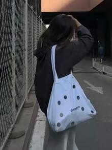 韓式時尚亮片字母帆布托特包，大容量，小眾設計，Ins風，休閒百搭，時尚日常通勤、出遊、購物，單肩手提包 - 白色 - 查看 3