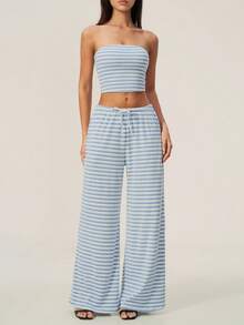 TimeOff Women's One Set Striped Strapless Bandeau Tank Top With Drawstring Waist And Side Pockets Wide Leg Pants 2 Pieces Set - Baby Blue - View 9