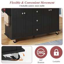 Rolling Kitchen Island Cart With Drop‑Leaf Countertop, Mobile Kitchen Trolley With 5 Drawers & 2 Storage Cabinets, Lockable Casters, Spice Rack & Towel Holder For Kitchen Dining Living Room - Black - View 4