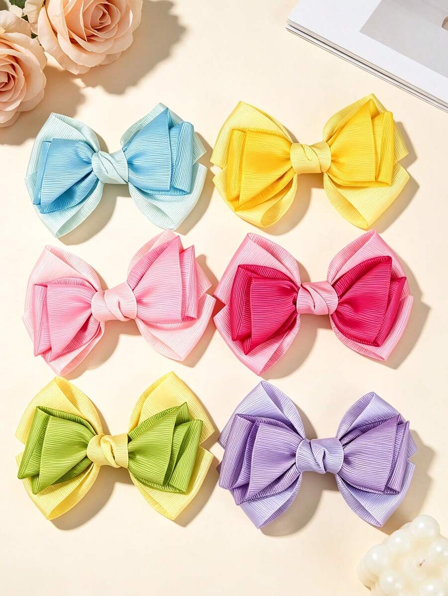 6PCS Multi-Color Multi-Layer Bow Hair Clips, 6 Colors Combination, Suitable For Daily Wear, Perfect Gift Choice - Multicolor - View 1