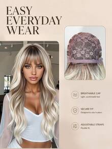 Wig Sintetis 24 Inci Ombre Akar Gelap Pirang Abu-abu, Poni Bergelombang Longgar Potongan Berlapis, Gaya Panjang Bervolume, Aksesori Fashion untuk Sehari-hari, Pesta, Halloween & Natal - Ombre - View 4