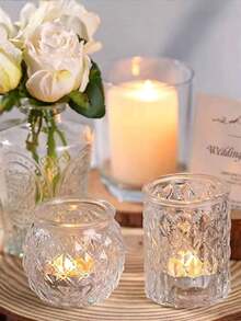 12pcs Vintage Transparent Glass Tea Candle Holders, For Wedding Table Decor, Bridal Shower Decor, Bohemian Tea Party Decor And Wedding Party Guest Favors - Transparent - View 4