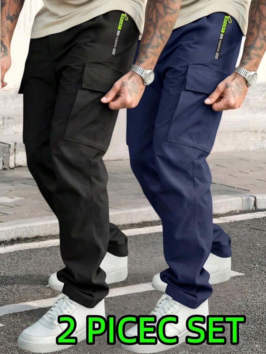 2pcs/Set Men's Long Pants Spring/Autumn Solid Color Sports Multi-Pocket Outdoor Cargo Pants Straight Leg Zipper Sweatpants - Black - View 1