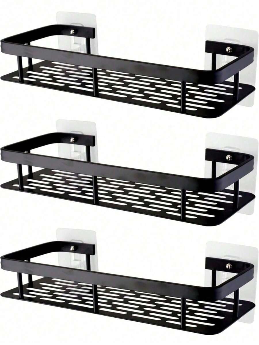 1/2/3/4pcs No-Drill Large Capacity Wall-Mounted Shower Caddy, Space-Saving Easy Installation Floating Storage Rack, Waterproof No-Drill Organizer Shelf, Suitable For Bathroom, Kitchen, Toiletries, Cosmetics And Daily Household Items - Black - View 1