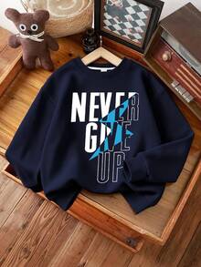 2pcs Boys Outfit Set, Crew Neck Letter & Lightning Print Sweatshirt With Casual Wide Leg Pants, Comfortable Autumn/Winter New Arrival - Navy Blue - View 4