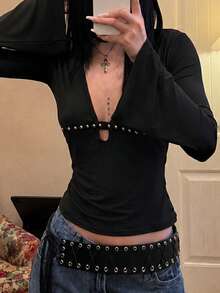 Y2K Gothic-Style Women's Black Fitted Flared-Sleeve Top, Deep V-Neck With Keyhole Cutout And Stud Accents On Flared Cuffs, Fitted Shirt - Black - View 5