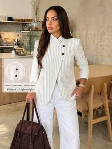 Women's Spring/Summer Striped Casual Blazer, Vintage Elegant, Professional Confident Workplace Style, Unlined White Fall - White - View 3