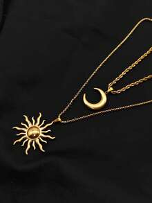 1 Set 2pcs Stainless Steel Moon & Sun Pendant Multi-Layer Stackable Necklace Set, Vintage Men's & Women's Minimalist Bohemian Style Sweater Chain Collarbone Necklace - Yellow Gold - View 1