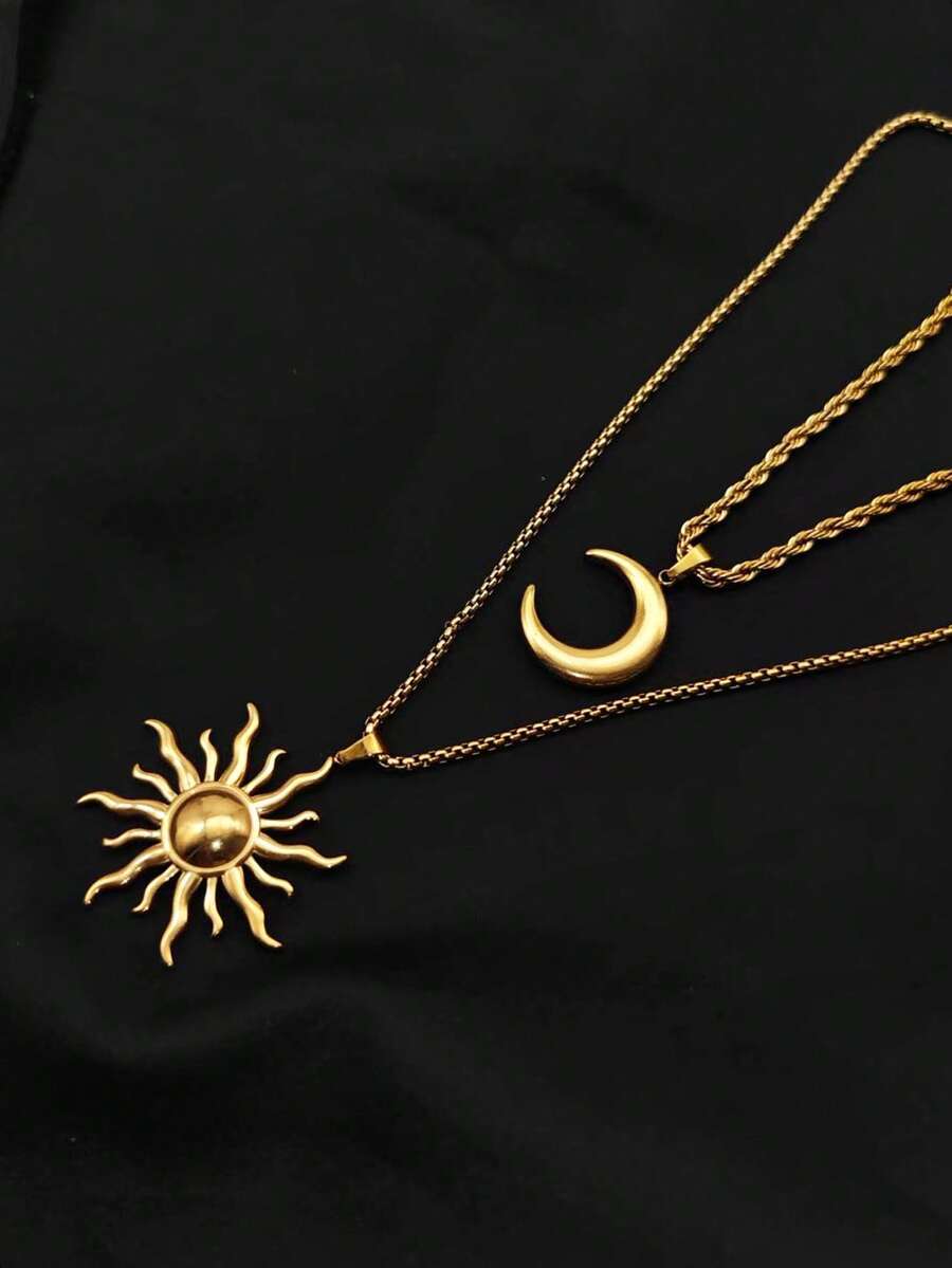 1 Set 2pcs Stainless Steel Moon & Sun Pendant Multi-Layer Stackable Necklace Set, Vintage Men's & Women's Minimalist Bohemian Style Sweater Chain Collarbone Necklace - Yellow Gold - View 1
