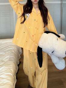 Gongdie 2 Pieces Snoopy Women Pajama Set,Fall Yellow Striped Soft Cotton Loungewear With Colorful Polka Dots And Pocket - Yellow - View 4