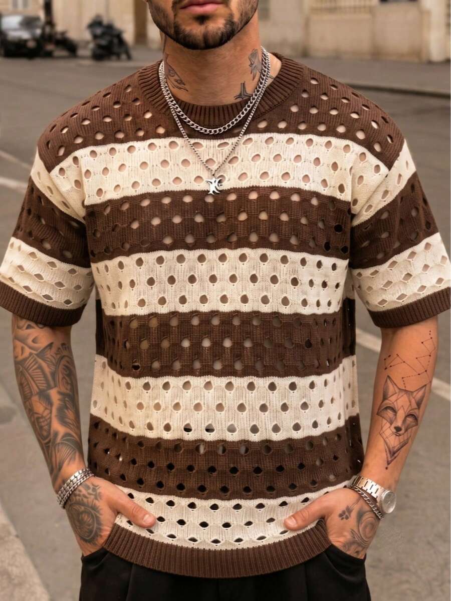 Spring/Summer Men's Unisex Round Neck Pullover Knit Top, Striped Perforated Semi-Sheer Casual Loose Commute Short Sleeve T-Shirt - Khaki - View 1