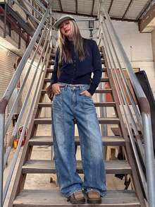 Design Loose Curved Leg High Waist Slimming Casual Wide Leg Jeans For Women Fall - Blue - View 3