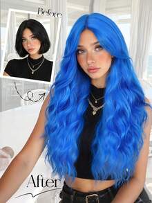 Dark Blue Wig With Bangs For Women, 26 Inch Wavy Synthetic Wig Heat Resistant Synthetic Fiber, Trimmable Bangs, Lightweight For Daily Wear, Cosplay, Parties, Festivals, And Halloween - Multicolor - View 5