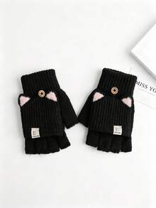 1 Pair Winter Flip-Finger Cat Ear Gloves, Windproof Warm Flip-Cover Hand Gloves, Casual Solid Color Five-Finger Gloves Suitable For Cold Weather - Multicolor - View 15