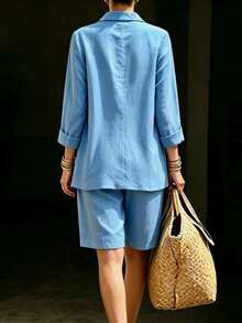Women's Spring Autumn Blue Linen Blazer Thin Jacket Loose Breathable Lapel Coat French Minimalist Commute Business Casual Daily Wear Top - Blue - View 3