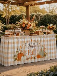 1PC Hello Fall Pumpkin Table Skirt, Cream Beige Farmhouse Polyester Ruffled Rectangular Table Cover With Autumn Wreath Maple Leaves Acorn & Orange Green Pumpkin Print, Seasonal Buffet Table Decor For Thanksgiving, Kitchen & Harvest Party - Multicolor - View 7