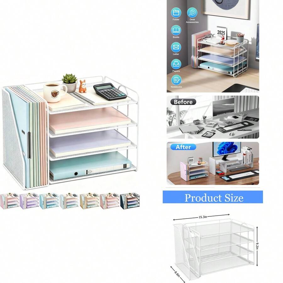 4-Tier Paper Organizer With Magazine Holder | Sleek Black Desk Organizer For Office Supplies Storage & Desktop File Organization - White - View 1