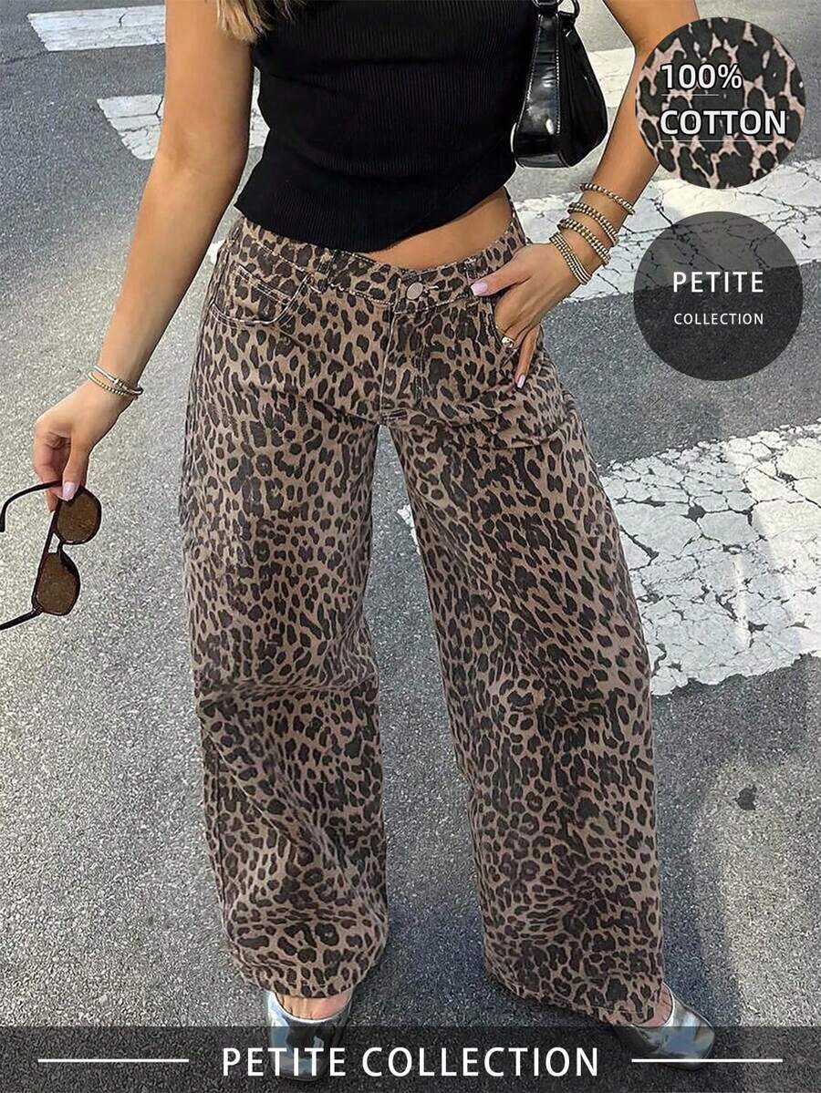 Soulscape Women's Casual Leopard Print Straight Leg Jeans, Non-Stretch Long Denim Pants With Button And Pocket Details, Fashion Petite Collection Vacation Fall