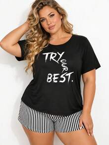 Plus Size Women's Loose Short Sleeve Top + Shorts 2 Pieces Pajama Set Loungewear - Black - View 5
