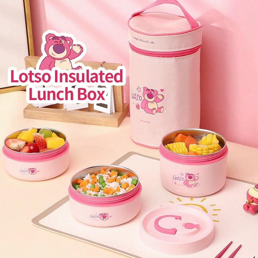 Mesuca Portable Reusable Insulated Lunch Box Set, Food Storage, Disney Lotso Bear Character Print, Pink, Insulated & Leak-Proof, Suitable For School, Office, Camping, Picnic, 3-Piece Food Container Set, 1 Set - Hot Pink - View 1