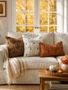 1pc/2pcs Autumn Pumpkin Pattern Embroidered Decorative Pillow Case, Halloween Soft Faux Wool Plush Pillow Cover, Suitable For Home Sofa Bedroom Chair - White - View 4