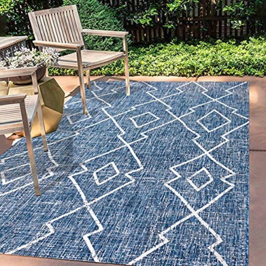 Diamond Trellis Area Rug 5X8, Indoor Outdoor Rug Ships Rolled, Durable Flat Weave, Lays Flat For Backyard, Patio, Porch, Easy-Cleaning, High Traffic, Pet-Friendly, Non-Shedding - Blue/Ivory - View 1