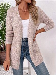 Women's Longline Knit Cardigan Sweater V-Neck Open Front Long Sleeve Patch Pockets Relaxed Fit Casual Elegant Fall Winter Commute Outerwear Vacation - Khaki - View 10