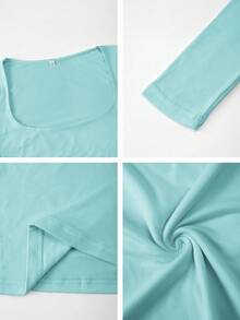 GLAMSKIN 女款條紋性感修身長袖針織上衣，純色方領基礎 T-shirt，適合秋季外出、日常休閒街頭穿搭、返校季 - 水藍色 - 查看 11