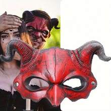 1pc Scary Demon Mask_Cosplay Costume Prop_Red Half Face Ram Horn Devil Mask For Masquerade Party_Carnival Party Headwear Gift - Multicolor - View 6