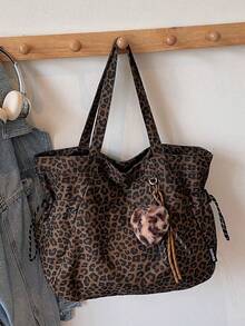 Nicekee Retro Popular Leopard Print Large Capacity Tote Bag, Niche Design Multi Pocket Shoulder Bag, Exquisite Heart-Shaped Pendant,Suitable Commuting - Multicolor - View 9