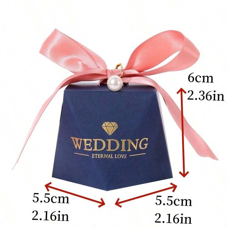 Kotak Kado Pernikahan Bertema Biru Tua Berbentuk Berlian 10pcs/20pcs/50pcs, Kotak Kecil untuk Pesta Ulang Tahun Manis dengan Dekorasi Pita, Gaya Mudah Dilipat - Pita Biru+Putih Susu - View 6