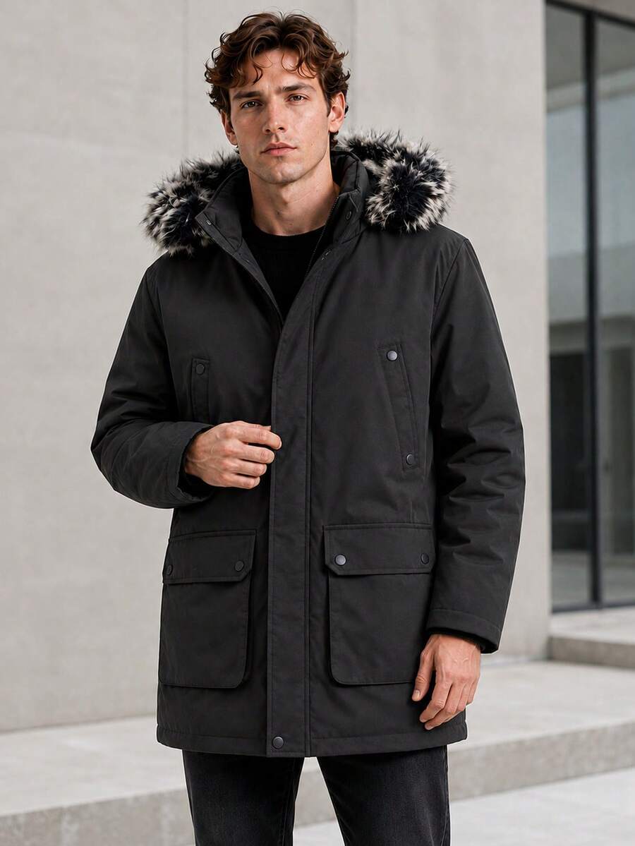 Commuter Style Solid Color Workwear Padded Coat, Flap Large Pockets, Vertical Hidden Pockets, Metal Snap Button Design, Loose Fit Top - Black - View 1