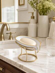 1pc Leaf-Shaped Soap Dish With Metal Stand, Luxury Modern Style, PET Tray + Iron Frame, Drainage Hole Design, Gold Rim Letter Detail, Bathroom Soap Storage Decor, Size 13*9*9cm, Suitable For Home, Apartment, Hotel, Rental Bathroom Vanity - Soap Dish - View 5