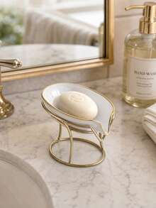 1pc Leaf-Shaped Soap Dish With Metal Stand, Luxury Modern Style, PET Tray + Iron Frame, Drainage Hole Design, Gold Rim Letter Detail, Bathroom Soap Storage Decor, Size 13*9*9cm, Suitable For Home, Apartment, Hotel, Rental Bathroom Vanity - Soap Dish - View 9