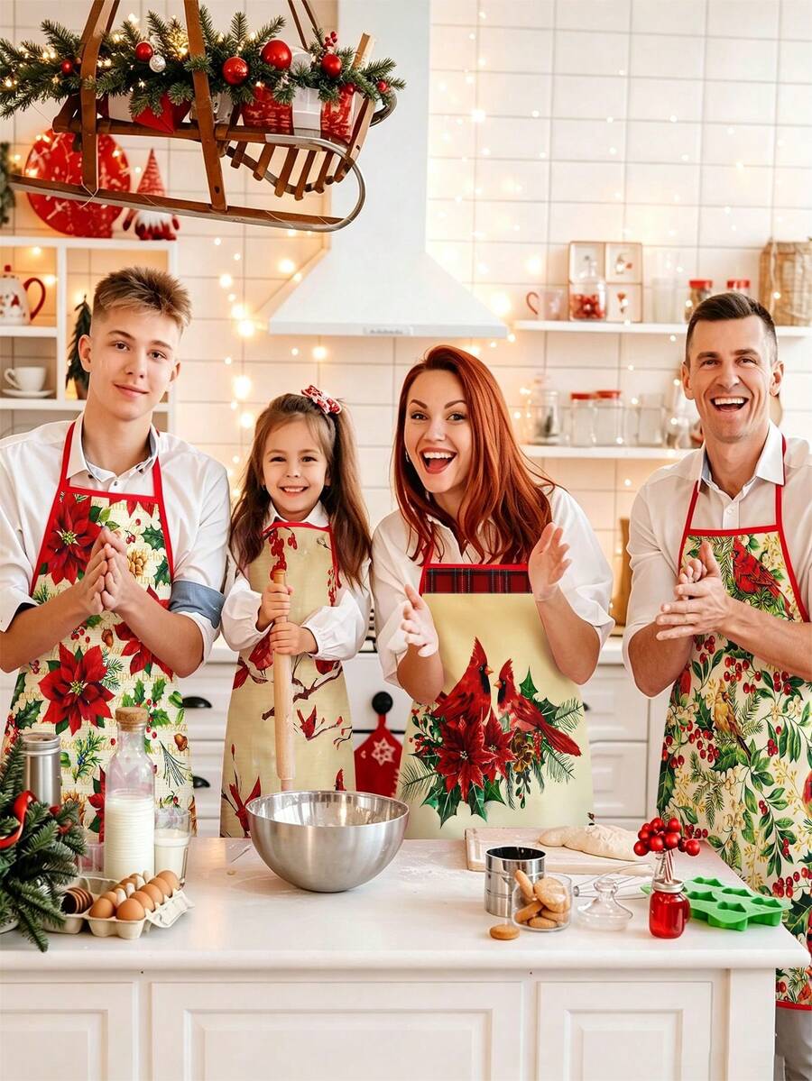 4 Pcs Christmas Cartoon Character Print Apron Set, Penguin Santa Snowman Elf Pattern Kitchen Cooking Baking Aprons For Holiday Party Home Decoration - Multicolor - View 1