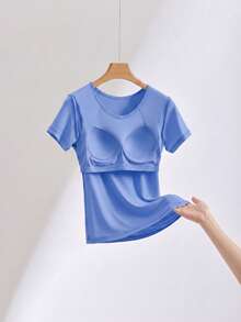 1‑Pack Plus‑Size Women's Crew Neck Short‑Sleeve Tee, 2‑In‑1 Knit Top With Built‑In Inner Support, For Casual Layering, Yoga, Fitness & Commute - Blue - View 6