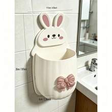 1pc Cute Rabbit Shaped Storage Rack With Bow Decoration, Space-Saving Wall-Mounted Toothbrush And Toothpaste Holder, Bathroom Accessories - Multicolor - View 5