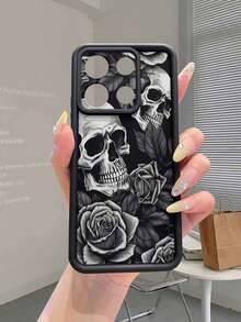 1pc Fashionable Black Rose Skull Pattern Lens Protection Thick Anti-Fall Anti-Fingerprint Black Diamond Sand Phone Case, Strong Protection, High Fashion, Suitable For Men And Women, Ideal Choice For Fashion Enthusiasts, Minimalist And Stylish, Compatible With Apple/Transsion/HONOR/ - Black - View 2