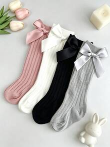 4 Pairs Kids Bow Decor Mid-Calf Socks, Suitable For Girls All Season, School Uniform Performance Socks, European British Academy Style Solid Color Double-Needle Ribbed Socks - Multicolor - View 4
