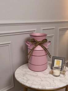 Jarra de leche de metal rosa para centro de mesa de fiesta, viene con lazo de arpillera, cubeta de flores de estilo rústico en miniatura, adecuado para decoración de mesa de boda, cumpleaños y mesa de postres, centro de mesa de boda, jarrón de jarra de leche rústico, centro de mesa de fiesta en miniatura - Rosa - Ver 11