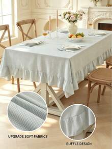 1pc Tablecloth With Ruffle Hem Decor, Polyester Fabric, Light Blue Plaid Pattern, Rectangular Or Square, Suitable For Dining Room And Living Room Table Decor - Baby Blue - View 8