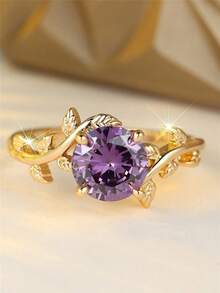 1pc Retro Floral Design Purple Cubic Zirconia Gold-Plated Copper Alloy Ring, Suitable For Mother's Day, Festivals, Daily Wear, All Season - Purple - View 4