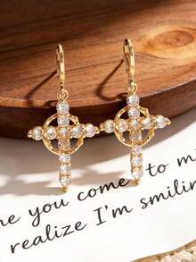 Elegant Vintage Cross Dangle Earrings, Copper Base With Clear Rhinestone Inlay, Women's Date Earrings - Gold - View 4