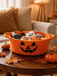 1 giỏ đựng đồ chủ đề Halloween, phong cách lễ hội, đan dây thừng chặt, miệng hở, có 2 tay cầm, in mặt bí ngô, phù hợp trang trí tiệc, đồ trang trí bàn, đựng đồ thủ công, lưu trữ vật dụng nhỏ cho nhà bếp và gia đình - trái cam - Xem 1