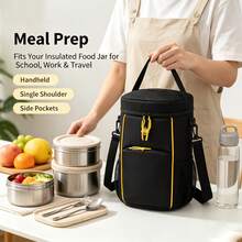 Portable Tennis Bucket Bag, Lunch Tote & Crossbody Storage, Quick Flip Lid, Front Zip Pocket, Mesh Side Pockets, Adjustable Strap, Self-Standing Base. Durable Nylon, Black/Yellow. For Outdoor Sports & Commuting. - Black - View 3