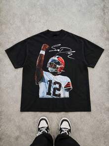 Unisex Shedeur Sanders Oversized Graphic Tee, Vintage Y2K Retro Rugby Print Crew Neck T-Shirt For Summer, Casual Outdoor, Sports Streetwear, Plus Size - 黑色 - 查看 1